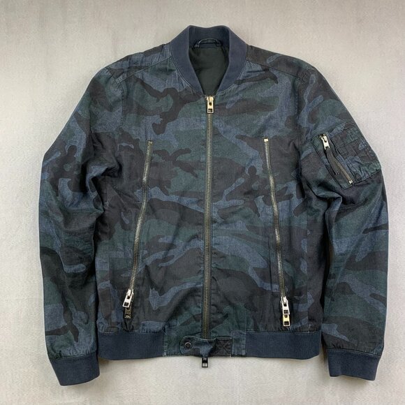 All Saints Other - AllSaints Mens Bomber Jacket Large Blue Camo Full Zip Long Sleeve Zippers Army